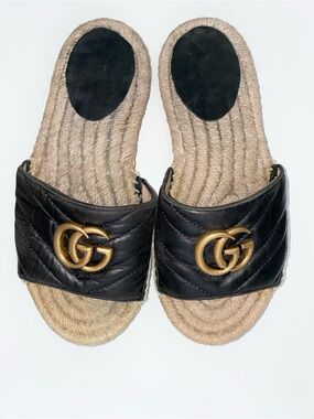 Authentic Gucci Black Leather GG Espadrille Slide Sandals with Gold Hardware